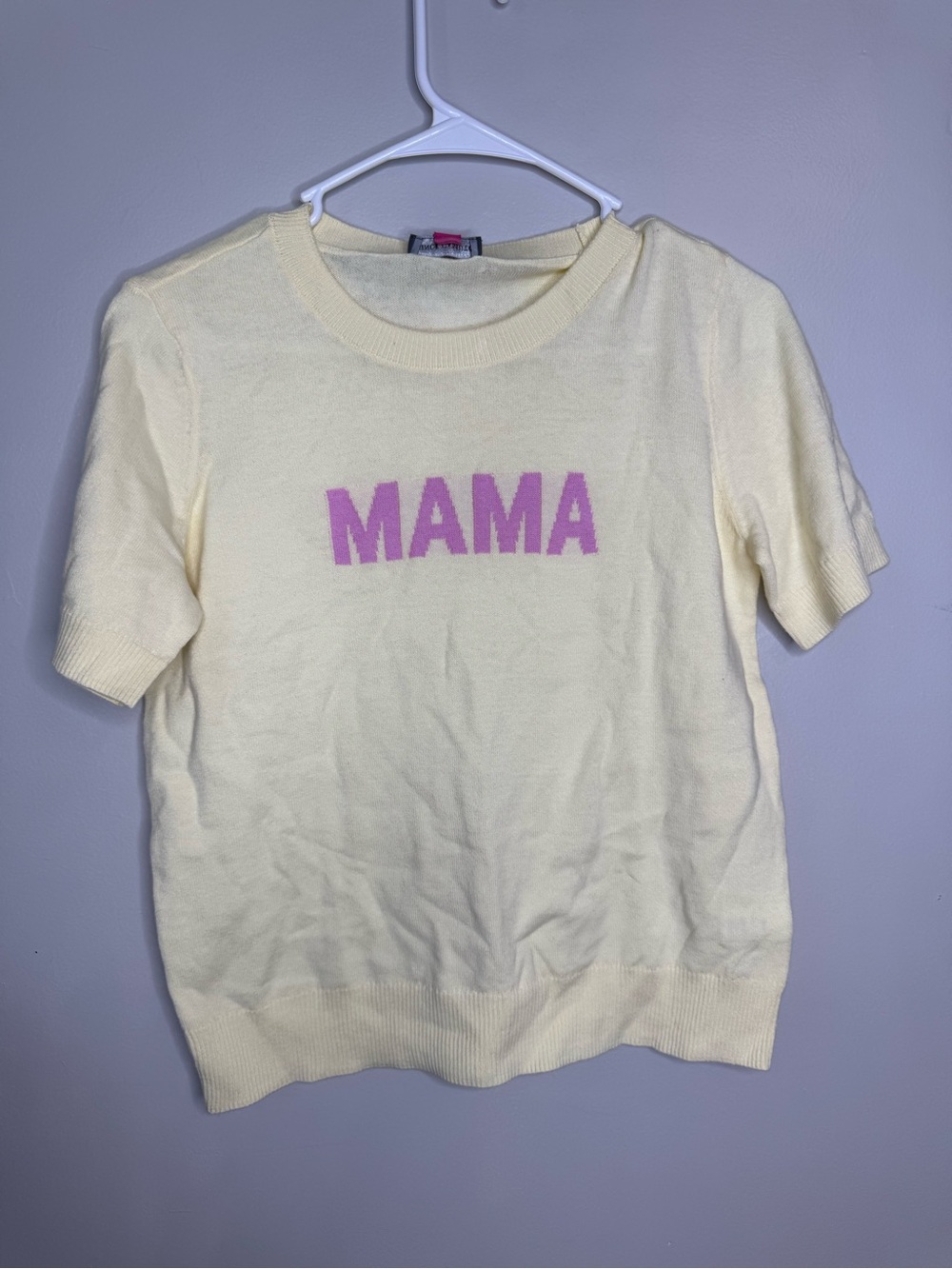 Vince Camuto yellow Short Sleeve Knit Top with Pink MAMA Logo